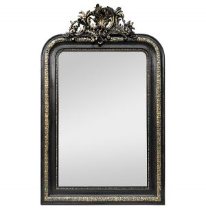 Antique French Mirror with Pediment, Black and Gilt, circa 1880