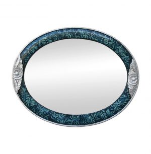 Antique Oval Mirror Art Deco Style, Silver Wood & Turquoise Color